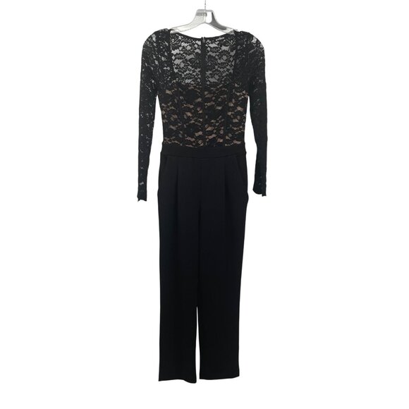 Express Jumpsuit Lace Top Square Neck Tapered Leg Black/Nude Size 2 Pockets - Picture 1 of 9